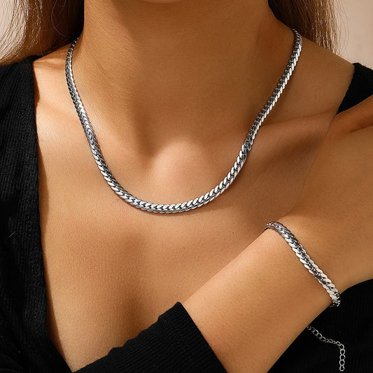 Gold-Tone Cuban Chain Set – Flat Stainless Steel Necklace & Bracelet - Willen