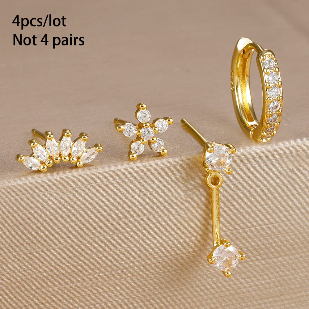 4-Piece Stainless Steel Earring Set – Gold Huggie Hoops & Cubic Zirconia Flower Studs - Willen