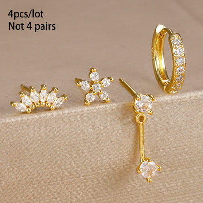4-Piece Stainless Steel Earring Set – Gold Huggie Hoops & Cubic Zirconia Flower Studs - Willen