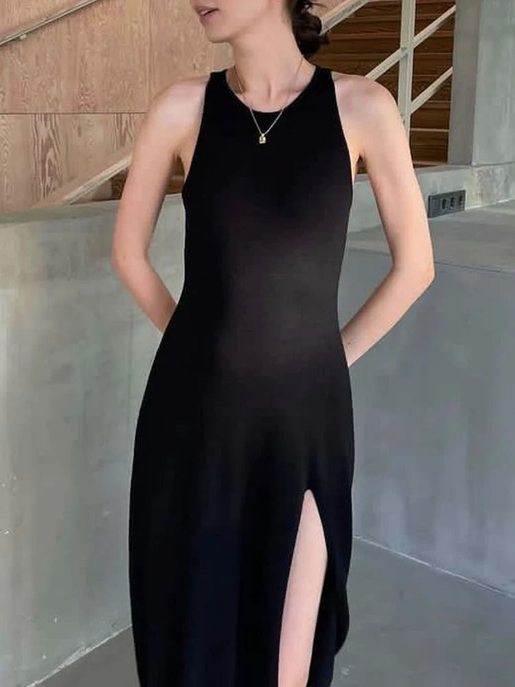 Sleeveless Knit Midi Dress – Empire Waist, Side Slit - Willen