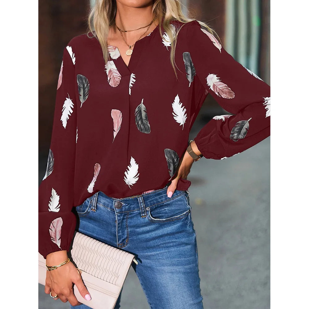 SkyFeather Elegant Top – Lightweight Chiffon Blouse with Feather-Inspired Print - Willen