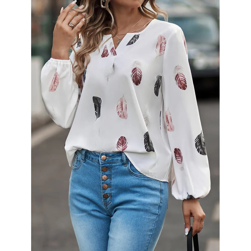 SkyFeather Elegant Top – Lightweight Chiffon Blouse with Feather-Inspired Print - Willen