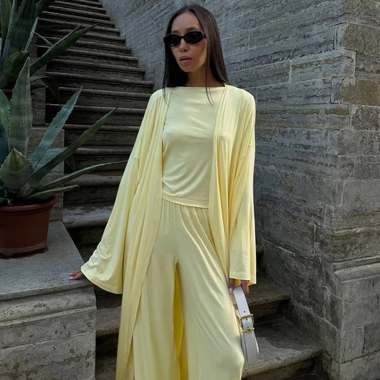Women’s 3-Piece Summer Set – Long Coat, Tank Top & Wide-Leg Pants, Polyester, Yellow - Willen